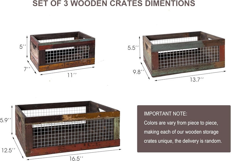 TIMRIS Set of 3 Rustic Wood Nesting Crates, Farmhouse Distressed Wooden Storage Boxes, Decorative Reclaimed Wood Organizer Baskets with Wire Mesh (Random) - Image 5